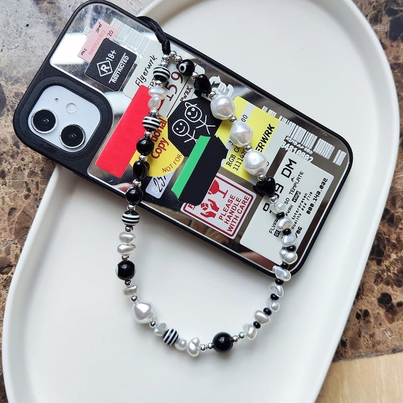 WCCH Beaded Phone Charm Y2K Kawaii Handmade Acrylic Phone Lanyard Wrist Strap for Camera Bag Airpods Keychain Charm Black and White Pearls - Image 3